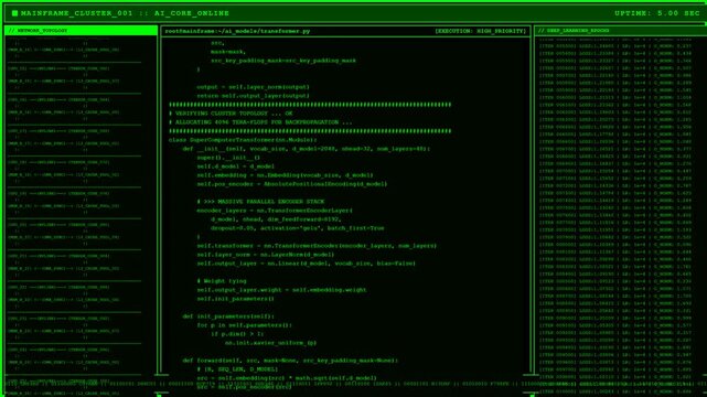 Mainframe AI core cluster deep learning transformer terminal screen.