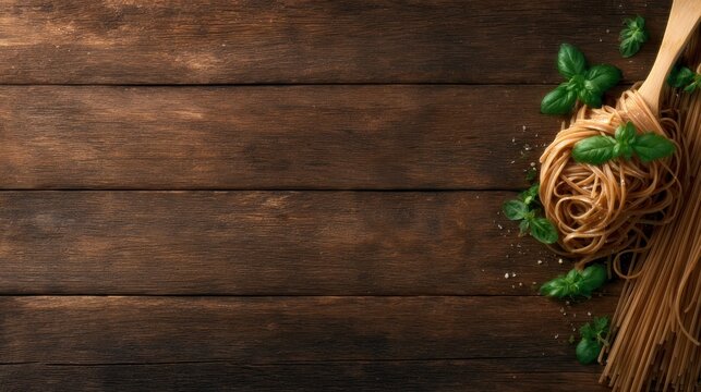 This enticing image showcases strands of Italian pasta elegantly arranged on a rustic wooden table, garnished with fresh basil leaves, creating a culinary delight.