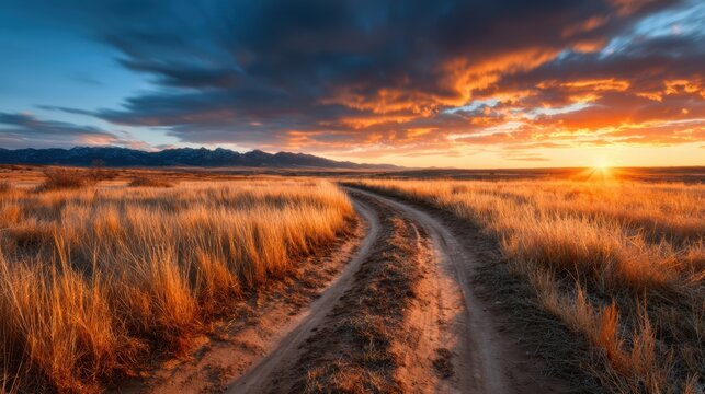 A breathtaking sunset casts warm hues over a winding dirt road, creating an inviting pathway through golden grasslands against a backdrop of majestic mountains.