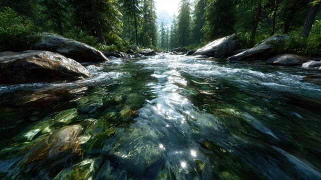 The sun sparkles on a crystal-clear river flowing over smooth stones, enveloped by towering trees, encapsulating the pristine beauty of a forested ecosystem.
