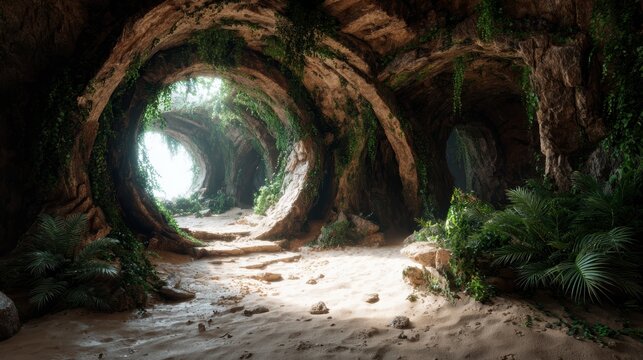 An enchanting cave illuminated by natural light, revealing verdant plant life and rugged textures, evoking a sense of mystery and connection to the Earth's raw beauty.