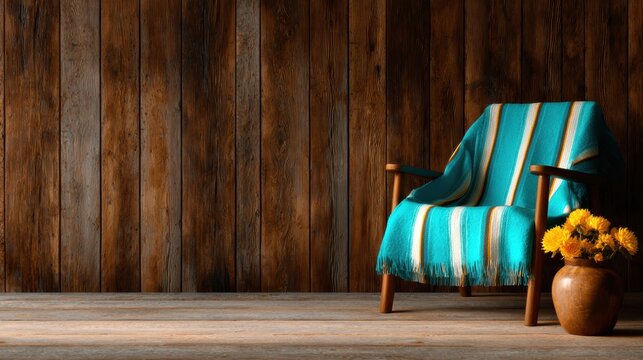 A warm and inviting long chair draped with a colorful blanket, accompanied by delicate flowers in a vase, radiating comfort and a homey atmosphere.