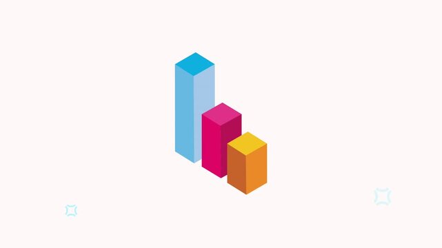 Dynamic motion graphic of isometric bar graph with three columns representing data analysis and business growth.