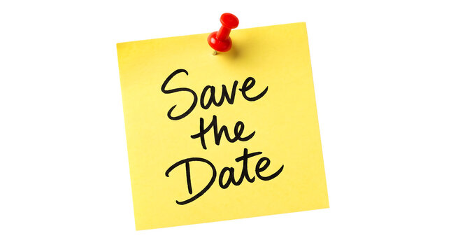 Yellow sticky note with save the date handwritten message and as cut out PNG