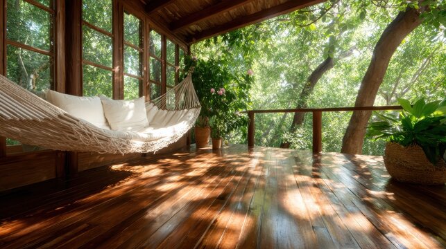 This inviting outdoor space showcases a comfortable hammock on a wooden deck surrounded by greenery, representing relaxation and a connection to nature in a tranquil setting.
