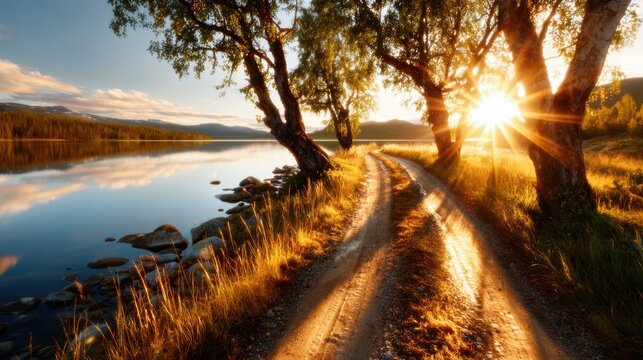 A serene lake reflects the golden hues of sunset as trees line the banks, creating a peaceful atmosphere filled with the warmth of nature's beauty by twilight.