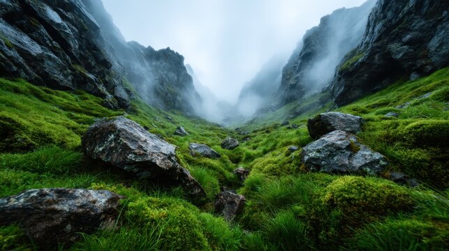 An awe-inspiring view of a misty canyon with rocky cliffs covered in vibrant green moss, creating a dramatic and atmospheric landscape that feels untouched by time.