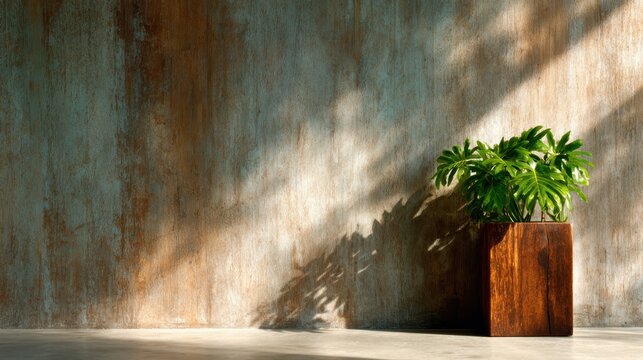 A vibrant green plant sits in a sleek wooden pot against a textured wall, casting interesting shadows that add depth and ambiance to the interior space.