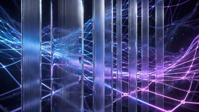 Abstract digital network with glowing blue and purple lines, seen through vertical metallic bars