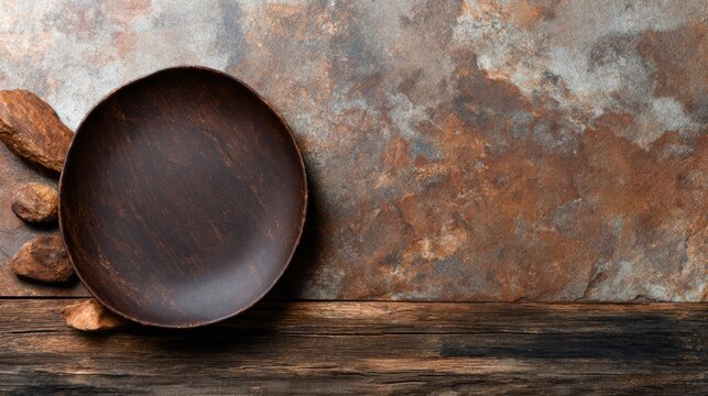 A round, dark brown plate resting against a beautifully textured backdrop, showcasing the simplicity and elegance of pottery in a minimalistic setting.