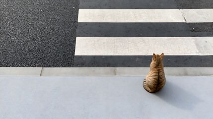 Naklejka premium A lonely stray cat, Felis catus, sitting on a sidewalk and wait to cross a zebra pedestrian crosswalk in an urban street city road