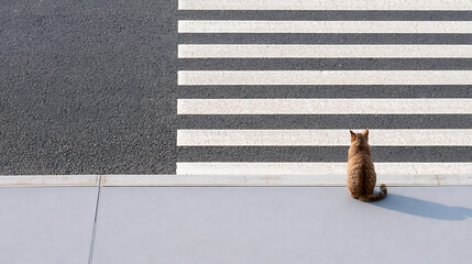 Naklejka premium A small domestic cat Felis catus sit wait beside asphalt street pedestrian crosswalk stripe pattern top view urban animal safety story