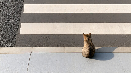 Naklejka premium A stray domestic cat Felis catus sit on sidewalk near pedestrian crosswalk urban street asphalt road safety wait street traffic concept