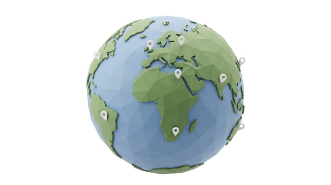 Low poly world globe earth map with location pins as PNG cutout