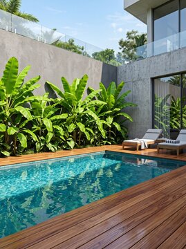 Modern Luxury Villa Pool Deck with Banana Plants and Concrete Wall