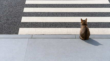 Naklejka premium A stray cat, Felis catus, sitting patiently at a city street pedestrian crosswalk and zebra crossing, waiting to safely cross the road