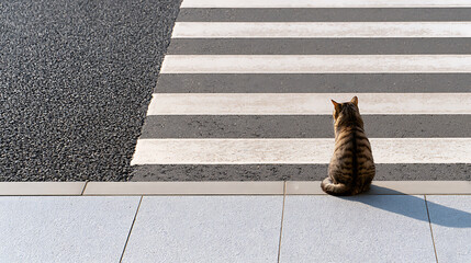 Naklejka premium Domestic cat Felis catus sitting on city curb, look at pedestrian crossing zebra stripe street pavement in urban environment outdoors