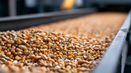 Obraz premium Close up of golden corn kernels flowing on a metal conveyor belt in an industrial processing facility