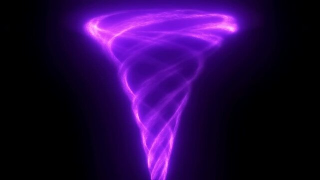 Glowing purple spiral expands into a luminous funnel shape on black background, with layered curved light trails widening upward as bright energy lines pulse and sweep outward