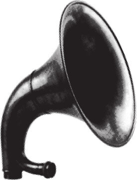 Vintage gramophone horn with halftone texture in dramatic lighting for retro media concepts