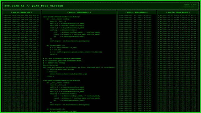 AI quad node cluster transformer training terminal screen.