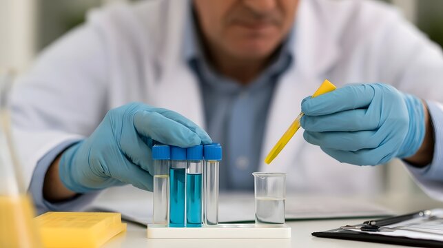 A person in a lab coat and gloves holds a yellow test strip over a beaker while examining test tubes with blue liquid