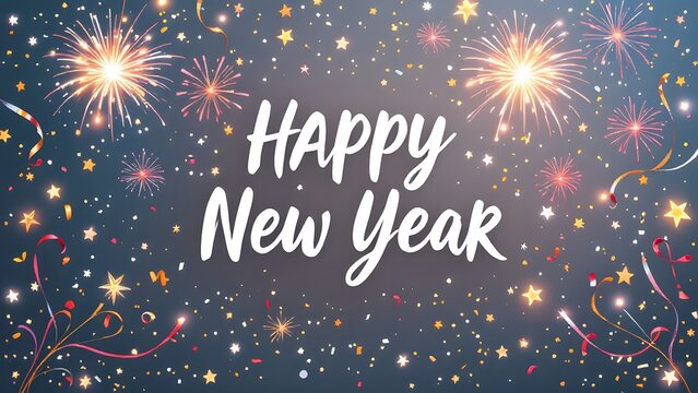 Celebration graphic design featuring fireworks and happy new year text