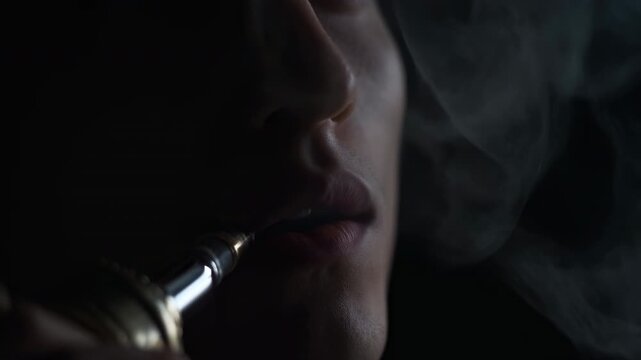 Close-up of lower face exhaling dense vapor around metal mouthpiece in dark cinematic setting, with vapor, exhale, smoke, mouth detail, showing lip, nose, mouthpiece, metal context