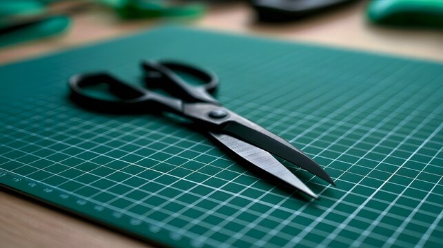 A pair of black handled scissors rests on a green cutting mat with white grid lines  ready for precise cutting tasks