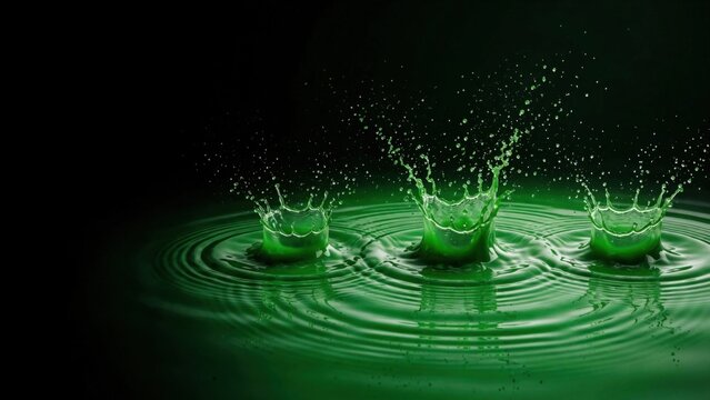Three vibrant green liquid splashes freeze mid-air, creating crown shapes on dark, rippling water