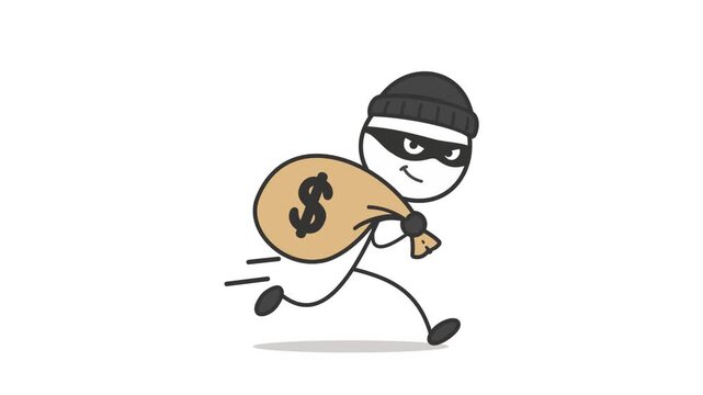 Vector stickman thief running with money bag animation asset. Ideal for crime, finance, business, security videos, stock footage, and digital presentations. High resolution