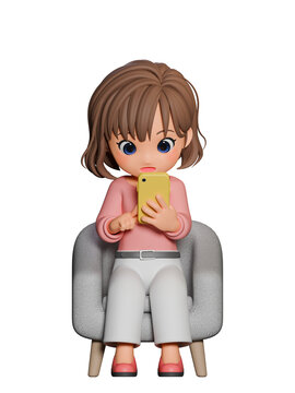 3D CG｜椅子に座ってスマートフォンを見ている若い女性