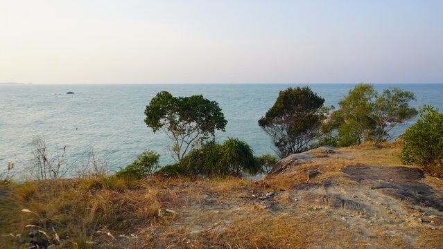 High-angle perspective from a grassy, rocky cliff looking out toward the open ocean horizon.