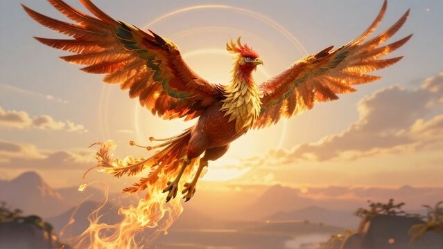 Majestic fiery phoenix bird soaring through a golden sunset sky