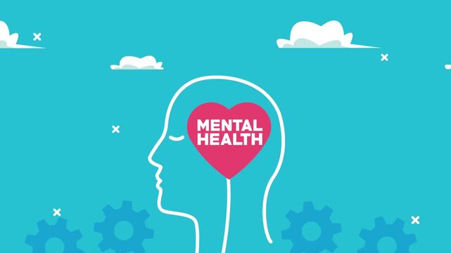 Abstract animation of a human head profile with heart symbol and mental health text.