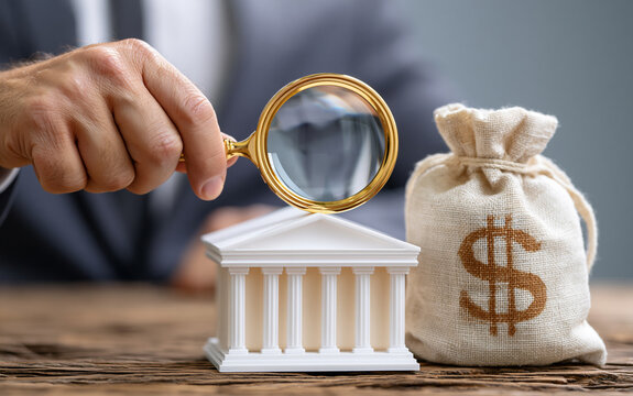 Close-up of hand holding magnifying glass over bank model and money bag, financial investigation and anti-money laundering compliance concept, defocused background, with copy space