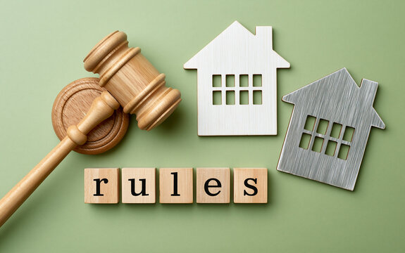 Wooden judge gavel next to letter blocks spelling rules and small house models on green background symbolizing real estate law and property code