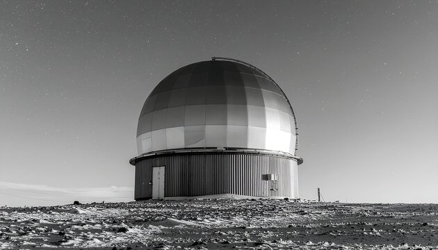 Large dome observatory under starry night sky in black and white