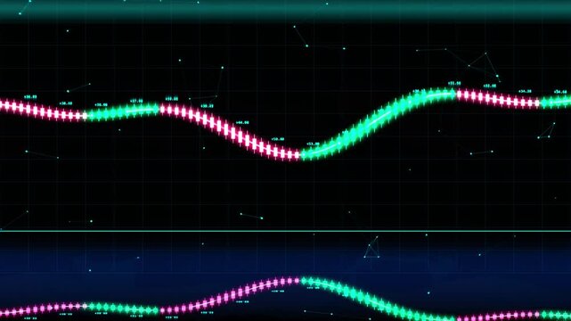 Colorful LED ribbon light border animation. Abstract optical flow line background loop with green and purple neon dots on a dark digital grid. Tech themed party border and celebration frame