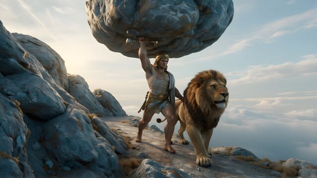 Epic Greek hero Hercules carrying massive boulder alongside royal lion
