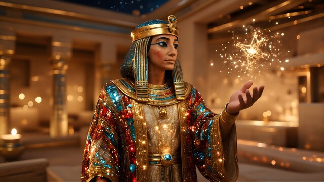 Majestic Ancient Egyptian Pharaoh Summoning Magical Golden Sparkles Inside Palace