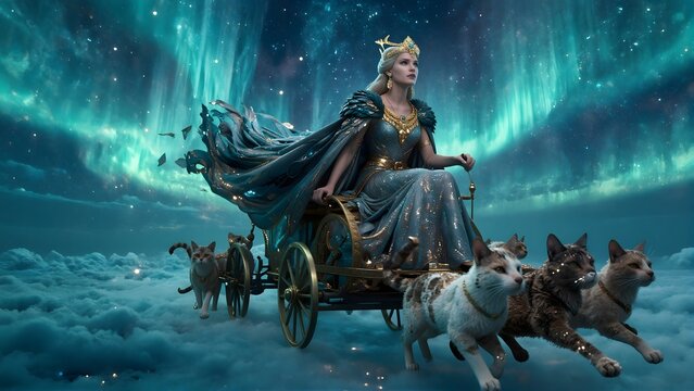 Celestial Queen Riding Magical Chariot Pulled by Cats in Sky