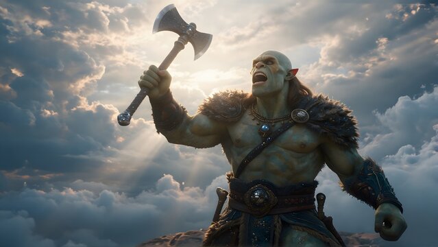Fierce Fantasy Orc Warrior Raising Battle Axe Against Dramatic Cloudy Sky