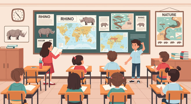 Children learn about rhinos in classroom lesson
