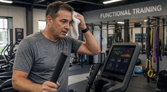 Middle-aged man wiping sweat with towel by gym elliptical machine