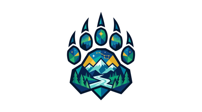 Stylized bear paw print containing a mountain landscape with river and forest.