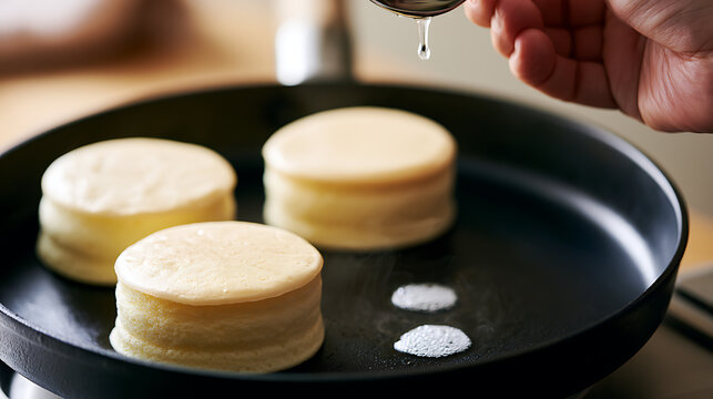 Close up of thick fluffy pancakes cook in hot black pan with oil drop from spoon in bright kitchen setting for breakfast concept food photo