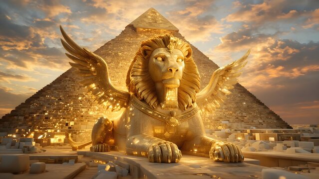 Majestic golden winged sphinx statue guarding ancient pyramid at sunset