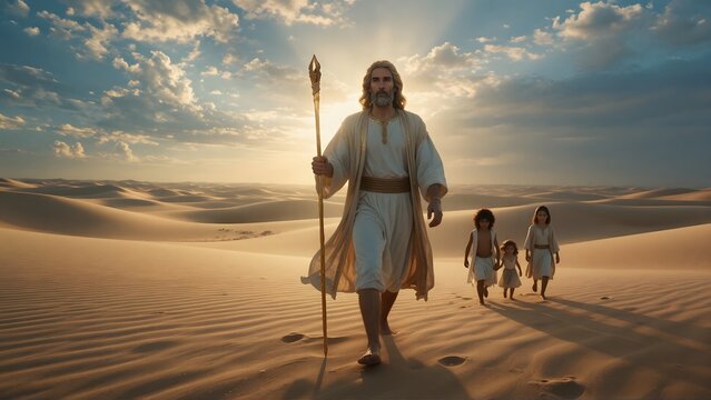 Majestic biblical prophet guiding children through the vast desert landscape