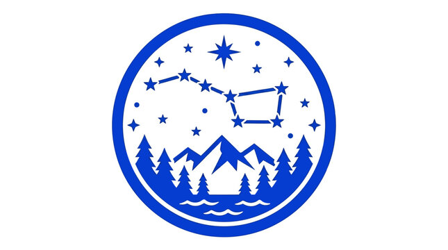 Blue circular badge featuring the Big Dipper constellation over mountains and forest.